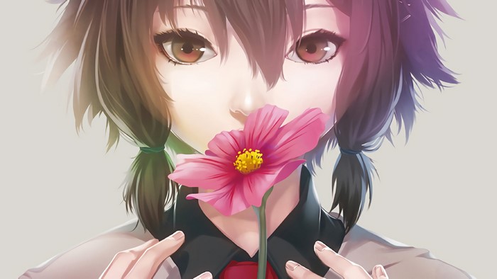 school uniform, pink flowers, twintails, anime girls, brown eyes, brunette, closeup
