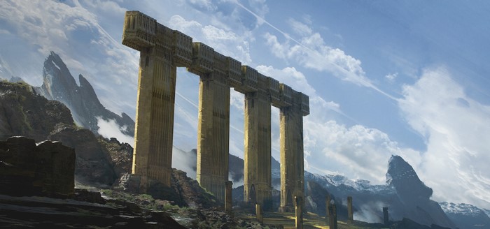 4K, mountains, clouds, digital art, Pablo Dominguez, fantasy architecture, landscape