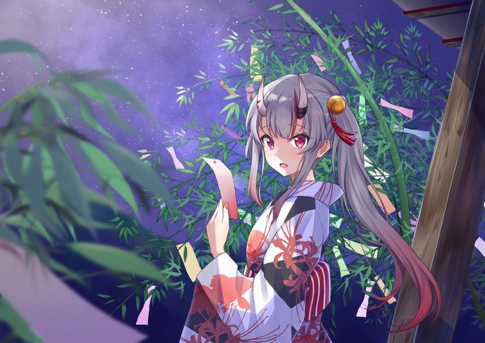 4K, Japanese clothes, gray hair, Japanese kimono, plants, ribbons, red eyes, hair bows, Nakiri Ayame, ponytail, anime girls, oni girl, bamboo, bell, Hololive, Rgrey00, horns, Virtual Youtuber