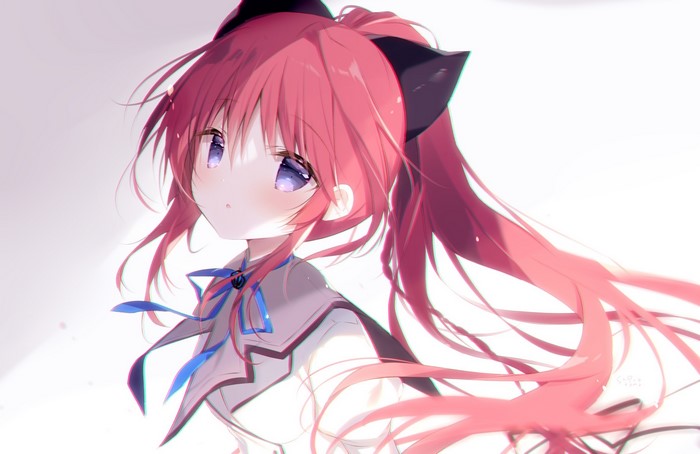 hair bows, ribbons, long hair, uniform, purple eyes, Shiratama, redhead, Mashiroiro Symphony, ponytail, anime girls, artwork