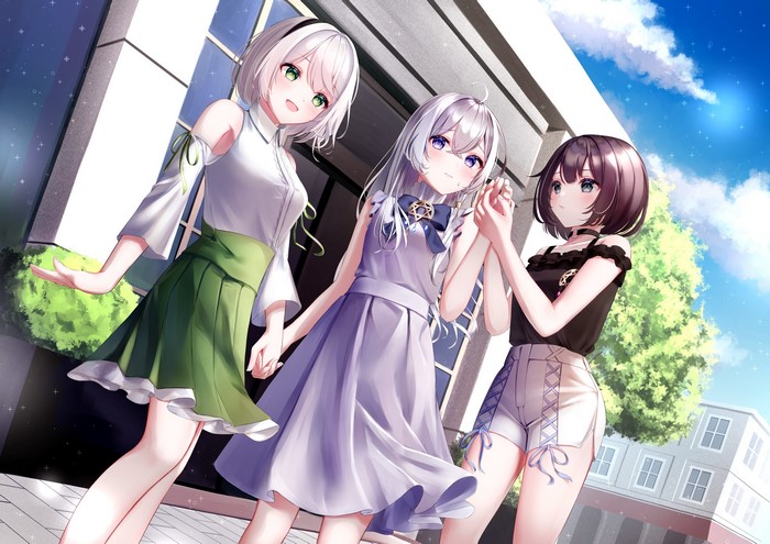 long hair, green eyes, artwork, skirt, sky, short hair, dress, Majo no Tabitabi, brunette, clouds, choker, anime girls, Elaina (Majo no Tabitabi), shorts, hair band, building, white hair, ribbons, blue eyes