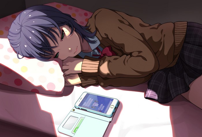LAM, school uniform, anime girls, anime, shoulder length hair, smartphone, sweater, green eyes, purple hair, in bed, light effects, pillow