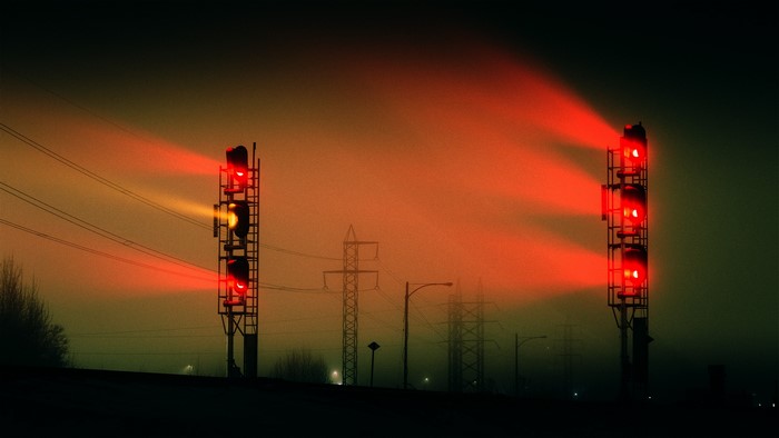 train, power lines, lights, noisy, traffic lights, railway, mist
