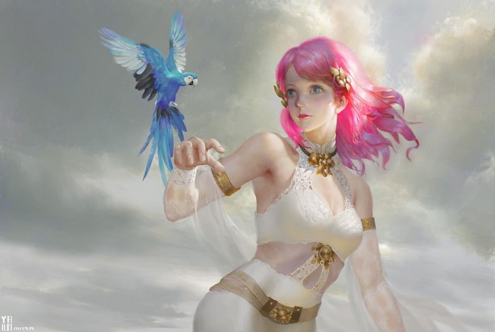 2D, shoulder length hair, pink hair, parted lips, belly, birds, bare shoulders, artwork, blue eyes, pink lipstick, fantasy art, Ya lun, hair blowing in the wind, women, cleavage