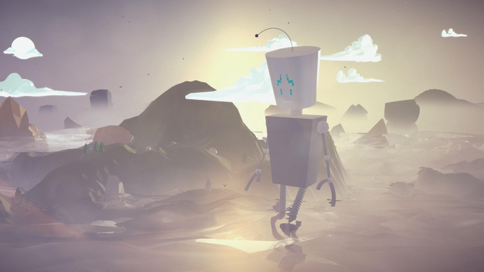 Robot walking through a misty landscape
