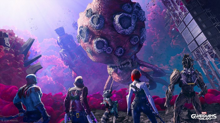 4K, Rocket Raccoon, Guardians of the Galaxy (Game), alien planet, Square Enix, Drax the Destroyer, Groot, Alien (Creature), Gamora, 4K, Marvel Comics, Star Lord