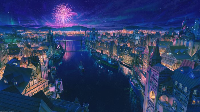 fireworks, ship, river, vehicle, artwork, 2019 (Year), cityscape, boat, sky, ArtStation
