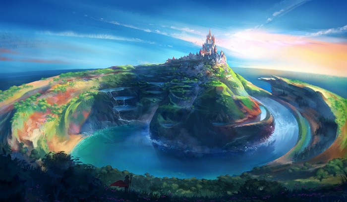 landscape, forest, ArtStation, sky, artwork, waterfall, Olga Taniushkina, fantasy art, castle