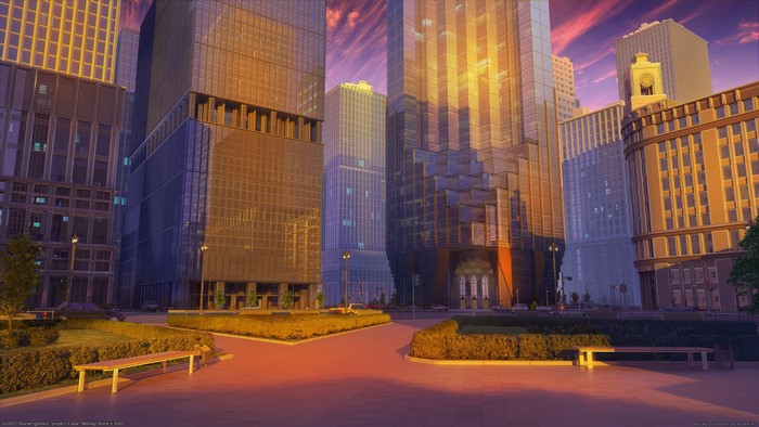 Arseniy Chebynkin, clocks, bench, trees, car, skyscraper, ArseniXC, digital art, landscape