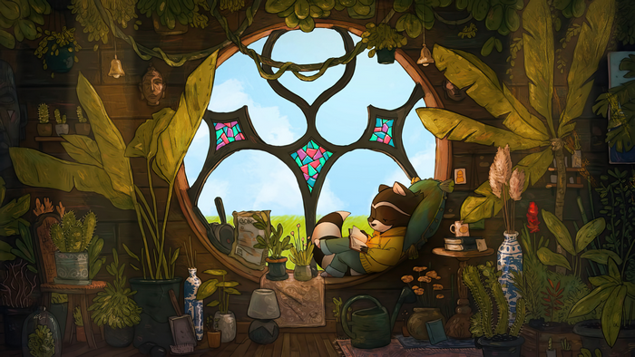 4K LoFi Raccoon Reading by Stained Glass Window