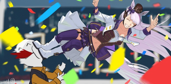 belly, women outdoors, anime girls, long hair, animal ears, white boots, artwork, miniskirt, horse girls, uniform, blurry background, closed eyes, 2D, thighs, anime, kick, tail, silver hair, smiling, garter straps, white jacket, jumping, confetti, blood spatter, Gold Ship (Uma Musume), hair ribbon, Uma Musume Pretty Derby, cleavage, fan art, grin, purple stockings