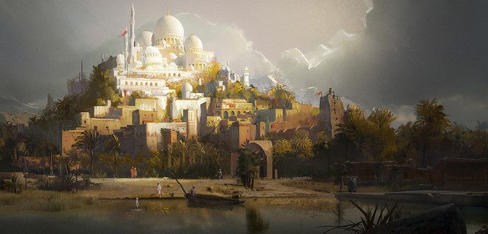 Persia, palm trees, people, river, fantasy art, palace, Liang Mark, digital art, boat
