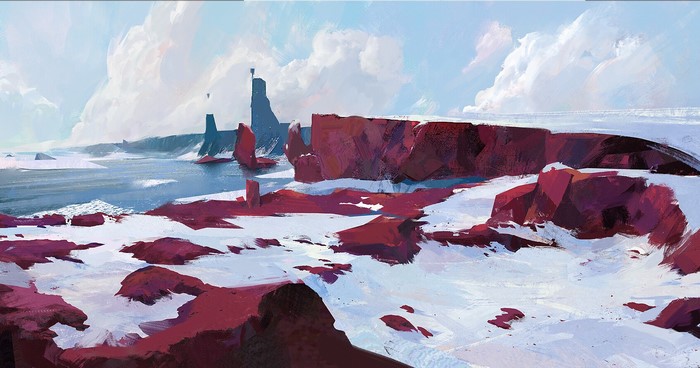 snow, Liang Mark, ocean view, red, fantasy art, cliff, digital art, clouds