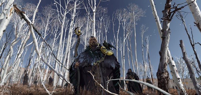 digital art, fantasy art, crescent moon, Liang Mark, druids, birch, crow, staff, aspen trees, trees, orb, forest