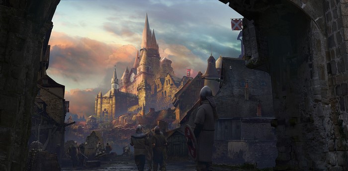 castle, Liang Mark, fantasy architecture, fantasy art, cathedral, knight, clocks, digital art