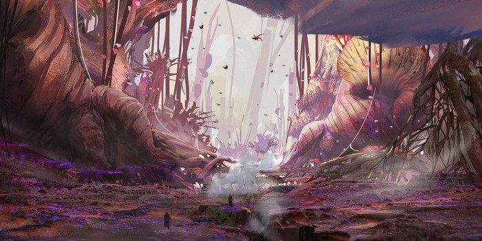 petals, fantasy art, forest, people, Liang Mark, digital art, landscape