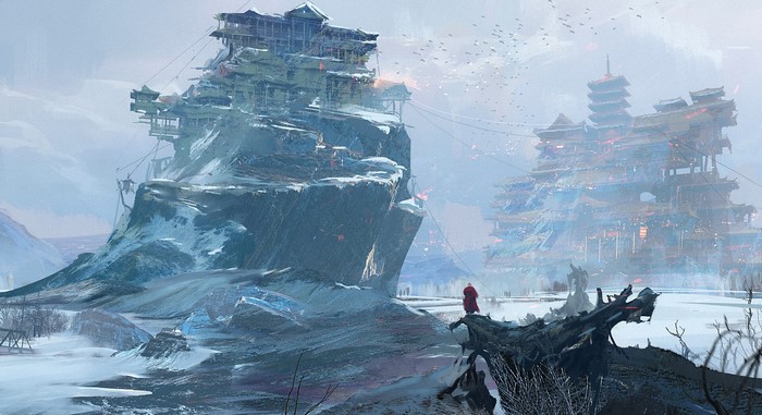 temple, digital art, people, fantasy architecture, fantasy art, Liang Mark