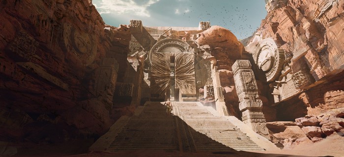 sand, digital art, people, fantasy art, Liang Mark, temple, birds