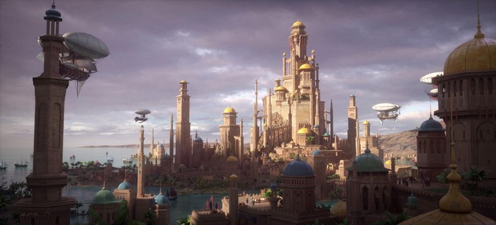 landscape, fantasy city, Pengzhen Zhang, fantasy architecture, Persia, Zeppelin, digital art