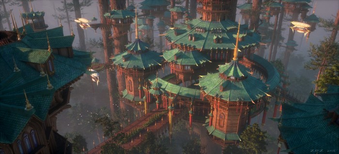 landscape, fantasy architecture, Pengzhen Zhang, tree house, digital art, fantasy art, forest