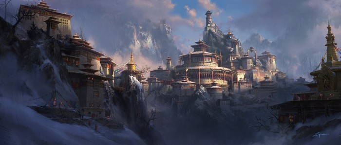 mountains, Shangri-La, snow, fantasy architecture, Pengzhen Zhang, landscape, digital art