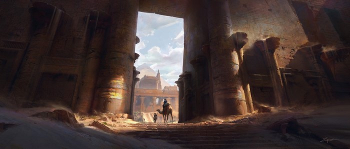 digital art, desert, temple, Pengzhen Zhang, landscape, camels