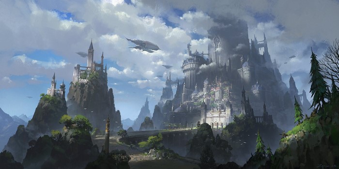 airships, clouds, castle, fantasy architecture, Pengzhen Zhang, landscape, digital art