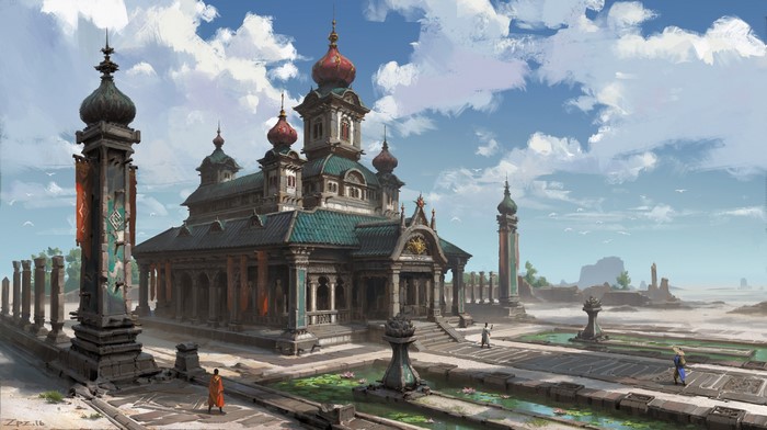 people, landscape, Asian architecture, temple, digital art, Pengzhen Zhang