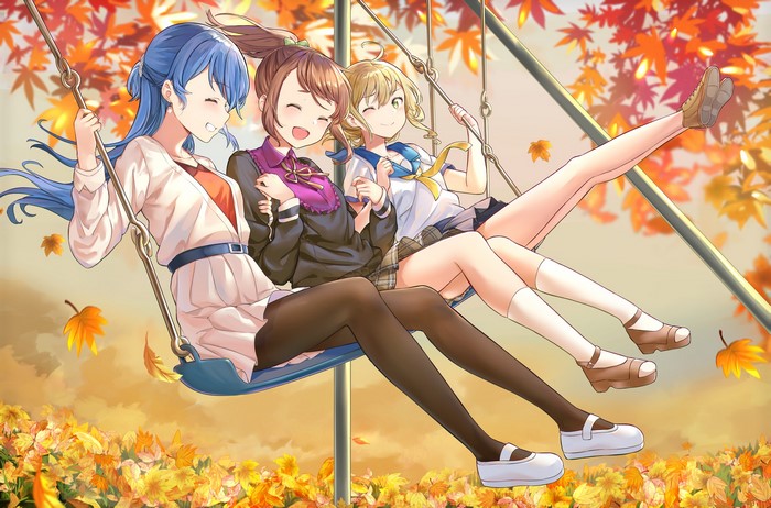 legs, pantyhose, brunette, blonde, artwork, anime girls, one eye closed, MOSTA Ask, blue hair, skirt, closed eyes, swings, anime, fall, smiling