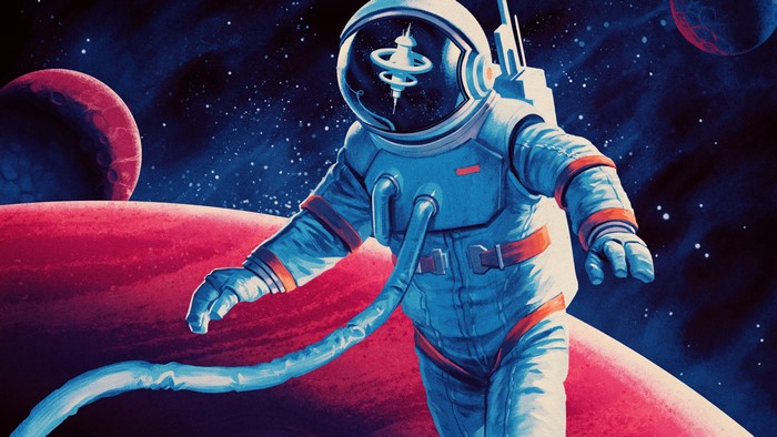 4K, planet, space, illustration, space station, reflection, retro science fiction, astronaut, science fiction