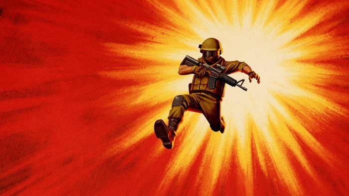 4K, machine gun, artwork, weapon, soldier, red background, illustration, military