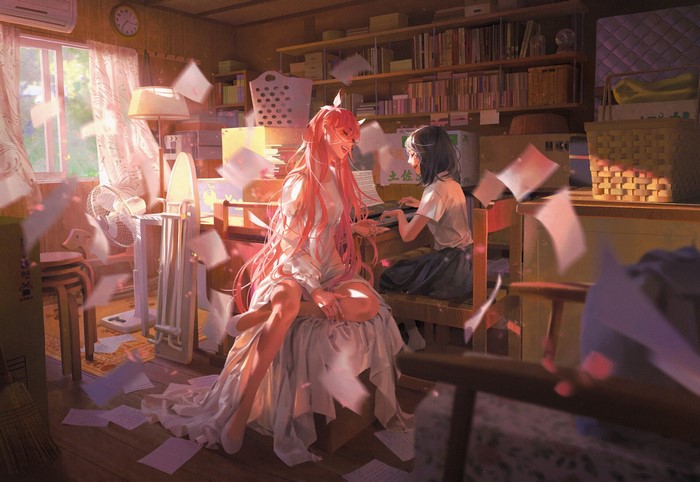 two women, women indoors, women, Aliya Chen, artwork
