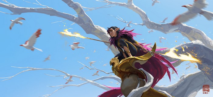 animals, pointy ears, dark hair, artwork, birds, fantasy girl, staff, ArtStation, Kan Liu, fantasy art