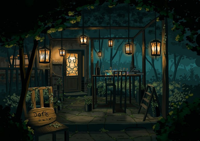 4K, Pixiv, fantasy art, plants, artwork, trees, bottles, house, lantern, lights