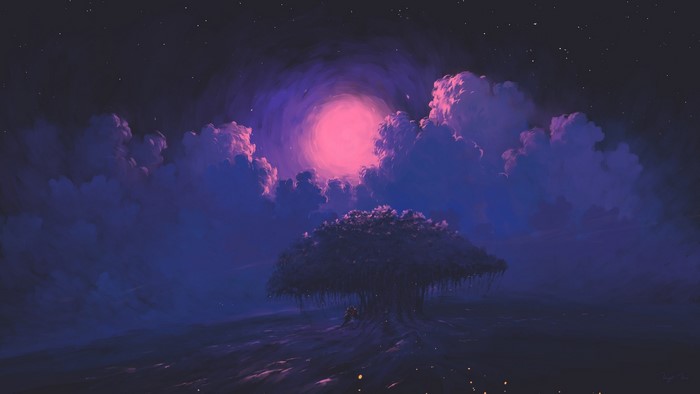 trees, night, BisBiswas, romantic, clouds, water, digital painting, Moon