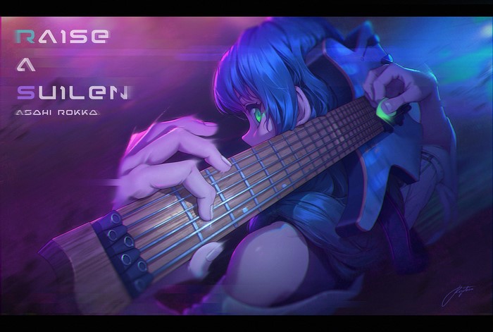 guitar, blue hair, anime girls, ribbons, BanG Dream!, anime, neon lights, long hair, green eyes, Rokka Asahi (BanG Dream!)