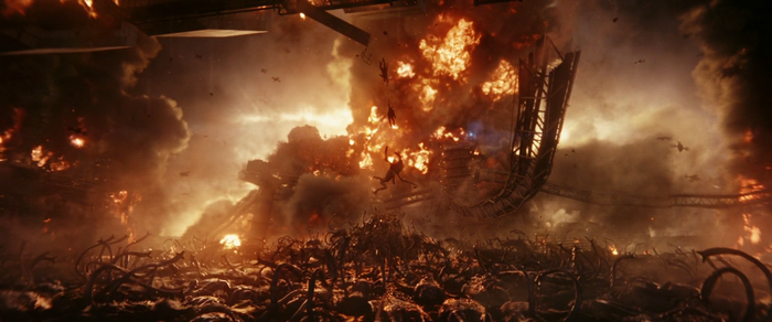 Yvonne Strahovski, Chris Pratt, film stills, alien attack, The Tomorrow War, explosion, movie scenes