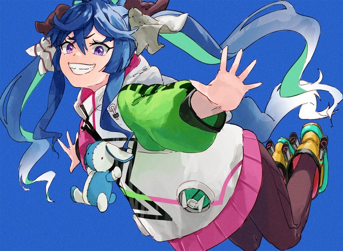 gradient hair, blue hair, multi-colored hair, white hair, clenched teeth, anime girls, animal ears, shark teeth, jumping, horse girls, long hair, simple background, black legwear, green hair, artwork, hair ribbon, smile, purple eyes, 2D, twintails, stuffed animal, bangs, looking at viewer, sneakers, white jacket, anime, Uma Musume Pretty Derby, loli, Twin Turbo (Uma Musume), fan art