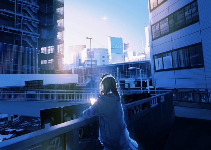 4K, car, long hair, headphones, anime, jacket, road, balcony, black hair, smartphone, city, anime girls, fence, traffic lights
