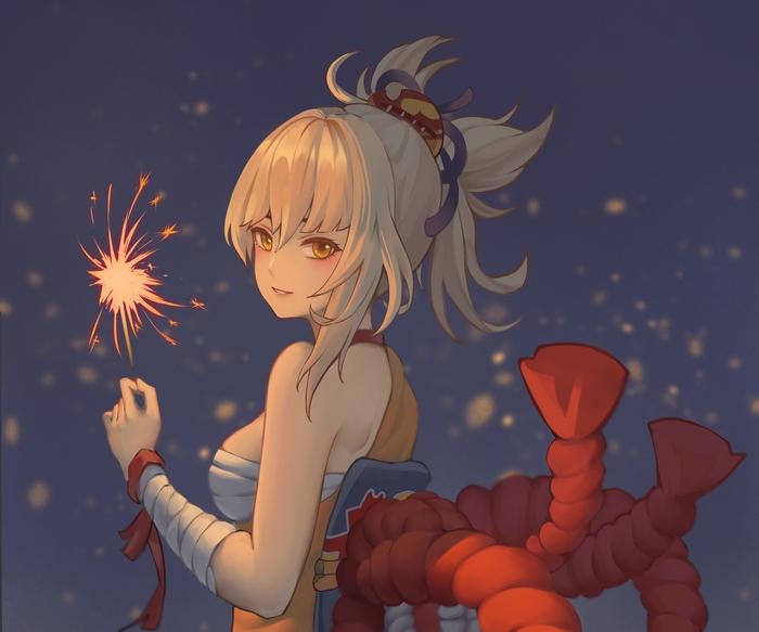 Yoimiya holding a sparkler