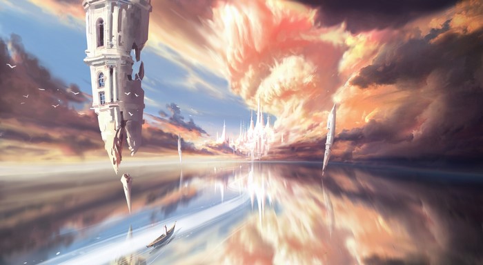 landscape, castle, boat, digital art, reflection, fantasy art, clouds