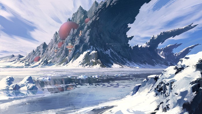 futuristic, fantasy art, snow, landscape, digital art, mountains, spaceship