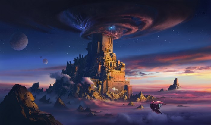 spaceship, fantasy architecture, landscape, digital art, space, fantasy art, futuristic