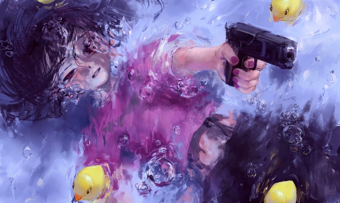 water, Hatena, anime girls, pistol, gun, original characters