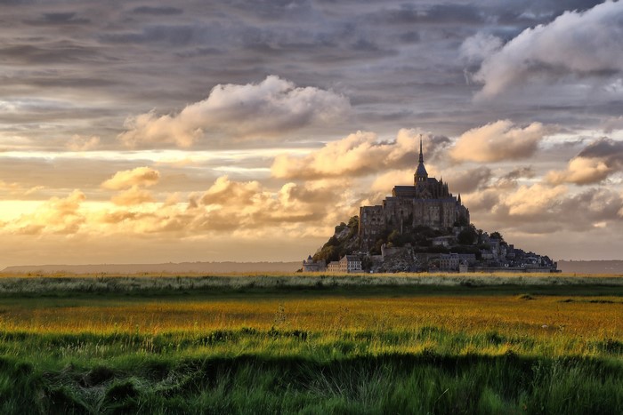 castle, landscape, architecture, France, sunset, Normandie, field