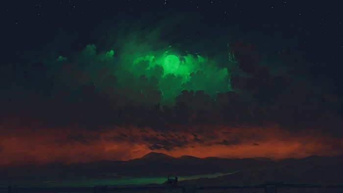 clouds, digital painting, lake, mountains, Moon, emerald, landscape, black cats, BisBiswas, sky