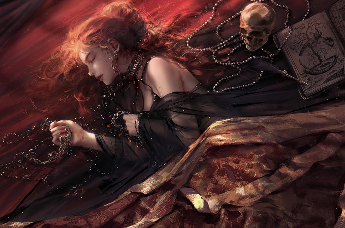 redhead, skull, bed, artwork, Nixeu, sleeping, women