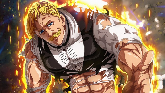 4K, abs, Escanor, Seven Deadly Sins, Nanatsu no Taizai, anime men, anime boys, anime, fire, burning