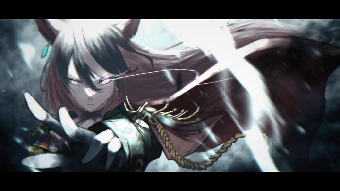 cape, brunette, 2D, bangs, animal ears, green jacket, pink eyes, anime, white gloves, uniform, glowing eyes, long hair, looking at viewer, multi-colored hair, hair blowing in the wind, horse girls, black hair, Uma Musume Pretty Derby, rain, white hair, Symboli Rudolf (Uma Musume), artwork, anime girls, fan art, earrings