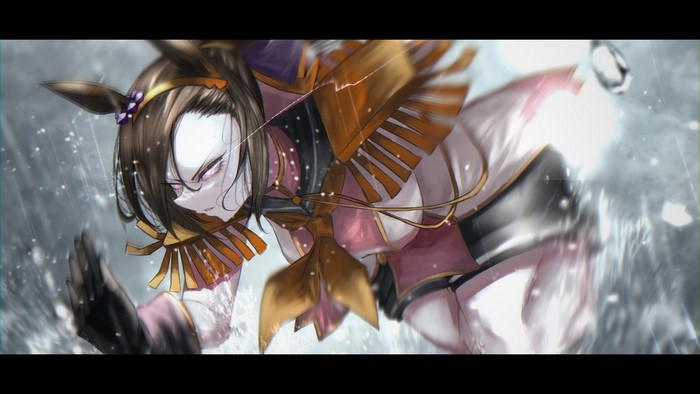 running, Sakura Bakushin O (Uma Musume), parted lips, black gloves, water drops, horse girls, fan art, thighs, bangs, animal ears, uniform, symbol-shaped pupils, motion blur, ponytail, artwork, glowing eyes, brunette, anime girls, long hair, anime, pink eyes, rain, black shorts, pale, Uma Musume Pretty Derby, 2D